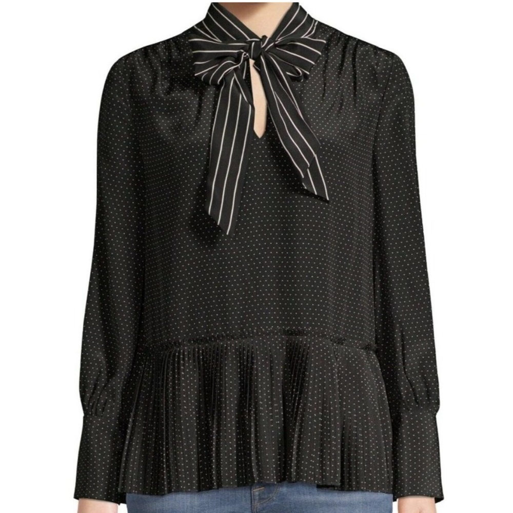 Frame Black and white Polka Dot Peplum Pleated Blouse Tie Neck Long Sleeve top